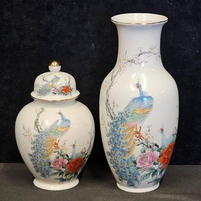 Japanese Porcelain Peacock Theme Vase (1) + Matching Lidded Ginger Jar (1)