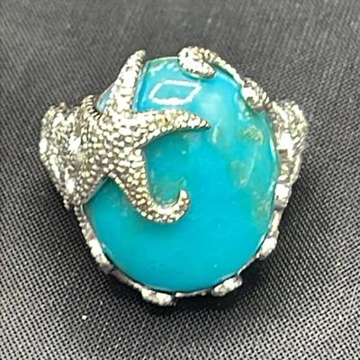 .925 Sterling Silver Afiniti 1/8 CT TW Diamond Starfish Turquoise Ring, Size 6