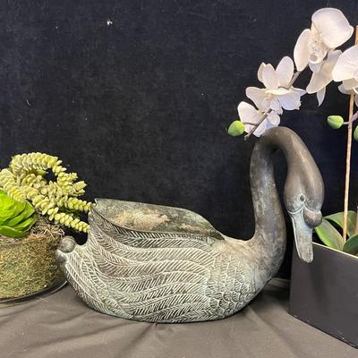 1990 Verdigris Patina Bronze Swan Planter (1) + Artificial Plants (2)