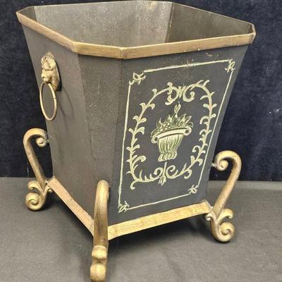 Hand-Painted Metal Planter W/Lion Face Decorative Handles