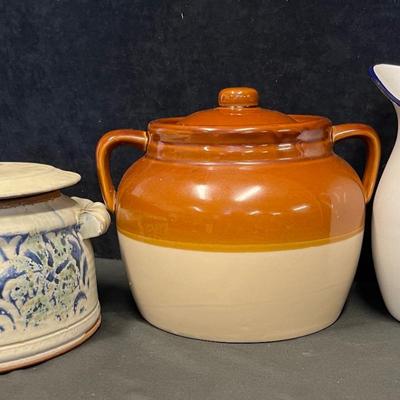 Vintage Style Crocks (2) + Enamel Pitcher (1)