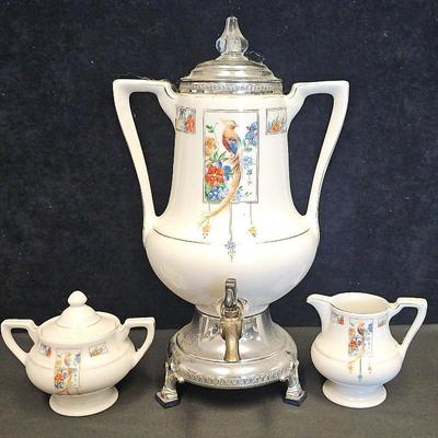 Royal Rochester 'Golden Pheasant' Porcelain Coffee Percolator (1), Sugar Bowl (1) + Creamer (1)