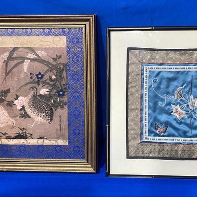 Framed Chinese Silk Embroidery (1) + Japanese Quail Birds & Flowers Print (1)