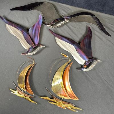 Copper Art Inc Signed Seagulls (3) & MCM Mixed Metal Sailboat (2) Wall Decor