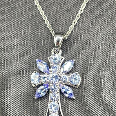 .925 Sterling Silver 2.2 Ct Tw Tanzanite Multi Stone Sterling Cross On 18” Necklace 