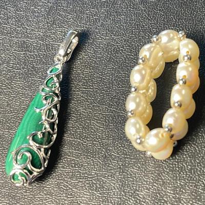 .925 Sterling Silver Malachite Pendant (1) & Cultured Pearl Stretch Ring, Size 6 (1)