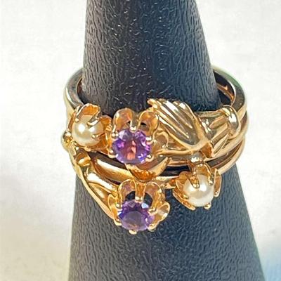 14K Amethyst & Pearl Triple Band Ring, Size 4 3/4 