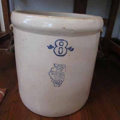 Sale Photo Thumbnail #45: 8-gallon traditional stoneware crock - 1960’s or earlier.  Used for pickle-making. The brand is WH S.P.$S. Co, White Hall, IL. Clean with no cracks. Wood and metal handles. 