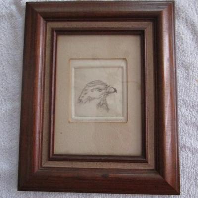 Sale Photo Thumbnail #71: Wood block print of a hawk. Original by Bill Hamilton, Oak frame and matted.