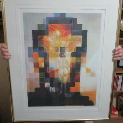 The artwork is a Dali print entitled "Gala Nude/Abraham Lincoln". It's a lithograph poster with embossing.  It is framed...
