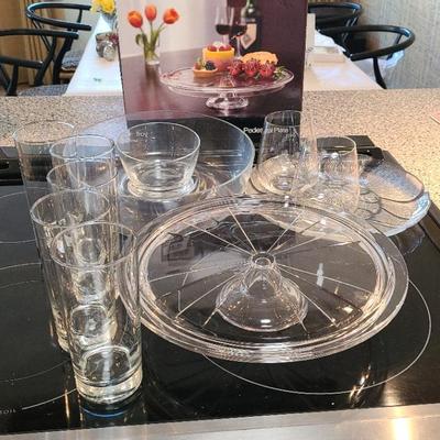 Clear Glass Chip & Dip, Cake Plate & Glasses