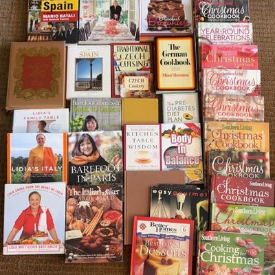 Lot Of 32 Cookbooks Incl. Various World Cuisines, Barefoot Contessa, Southern Living Christmas, Etc.