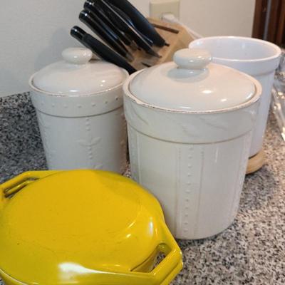 Cast Iron Pot & Canisters & Knives