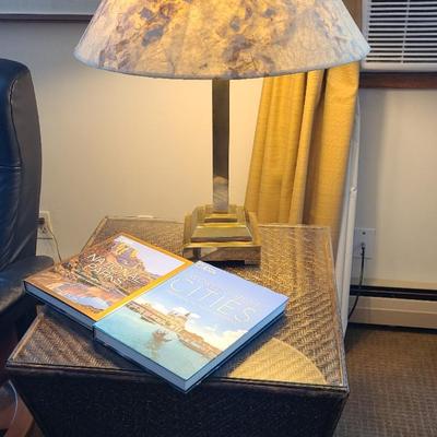 Basket Side Table With Glass Top & Brass Lamp