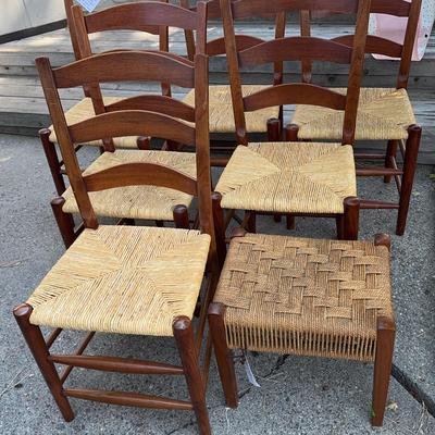 Set of 6 1969 El Reagan Co. Walnut Dining Chairs & Foot Stool
