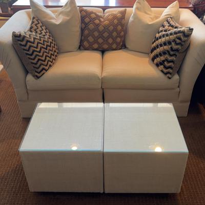 Custom Upholstered Silk Sectional Loveseat, Kuba Cloth Pillows, & 2 Glass Top Cubes