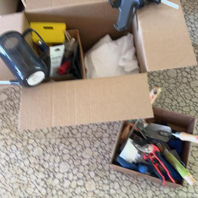 Box Of Painting Supplies, Pro 90 Glue Gun, Watering Can & Other