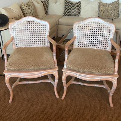 Pair Of Whitewash Beechwood Wicker Chairs + Velvet Cushions