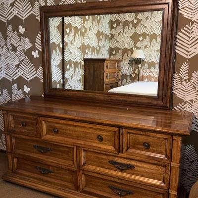 Pecan Wood Dresser With Attached Mirror