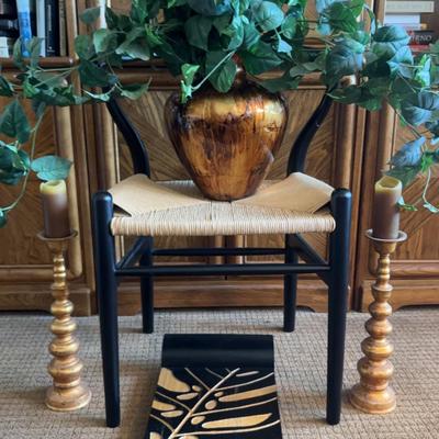 Mixed Decor Lot: Chair, 2 Brass Candlesticks, Carved Wood Tray, Vase w/ Faux Plant