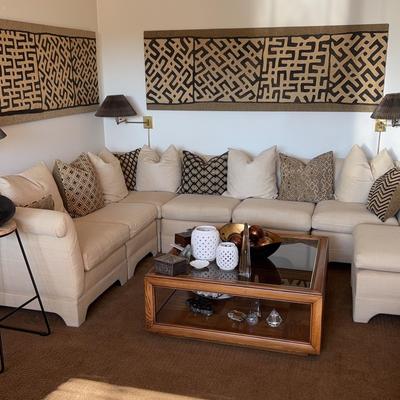 Custom Upholstered Silk Sectional Sofa + Kuba Cloth Pillows
