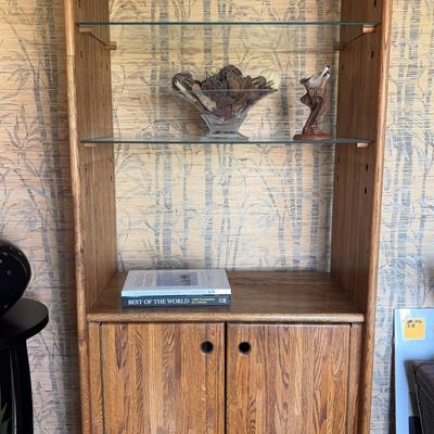 Solid Oak Cabinet With Glass Shelves (Includes Items On Shelves)