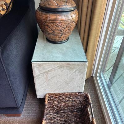 Decor Lot: Glass-Top End Table, Carved Urn, Rectangular Basket