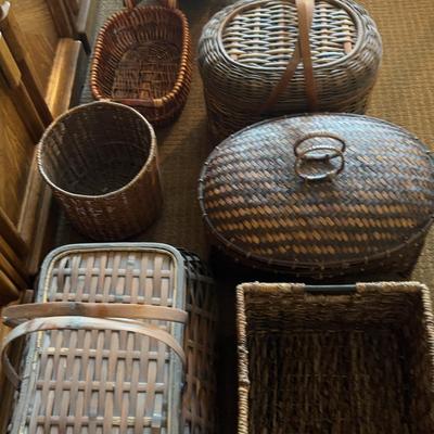 Lot Of 8 Large Baskets, Various Shapes, Some With Lids