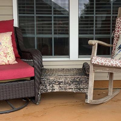 Wooden Rocking Chair, Vinyl-Wicker Swivel Chair & Side Table