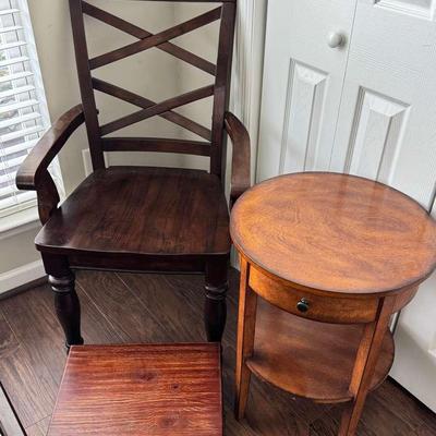 Ashley Wooden Arm Chair, Target Side Table & Step Stool