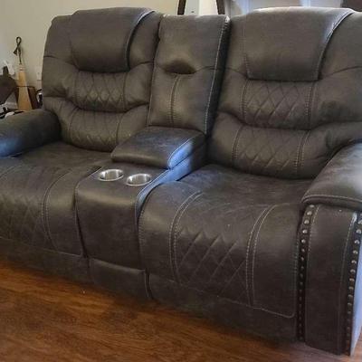 Distressed Black/Gray Reclining Loveseat with Cup Holders