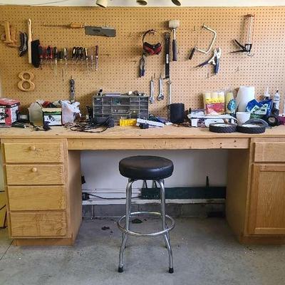 Wooden Work Table with Peg Board, Stool & Tools