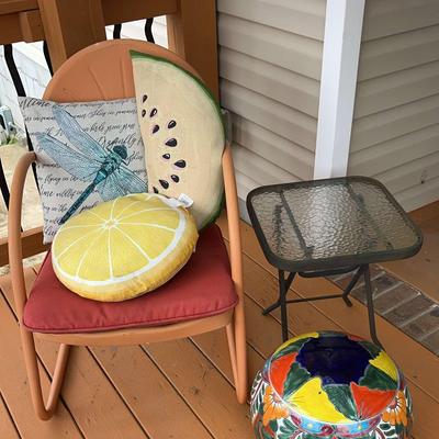 Orange Metal Chair with Side Table & Mexican Decorative Sphere