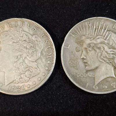 1921 Morgan Silver Dollar & 1927 Peace Silver Dollar