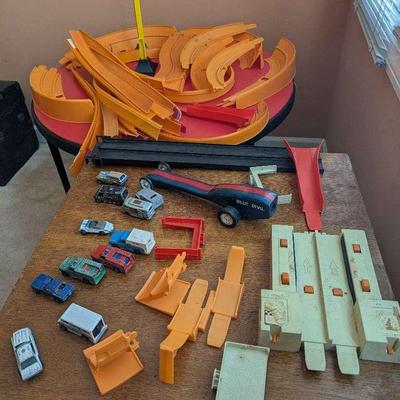 Vintage Hot Wheels Track Pieces with Die-Cast Cars
