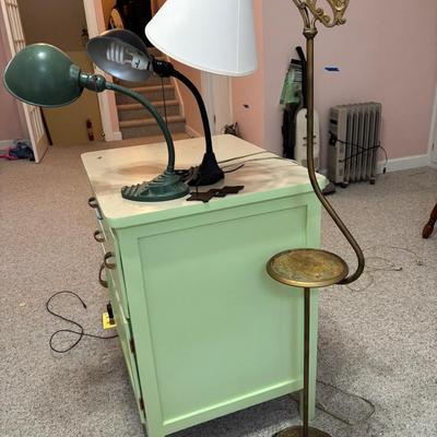 Vintage Brass Floor Lamp, Adjustable Desk Lamps & Cast Iron Receipt Spike