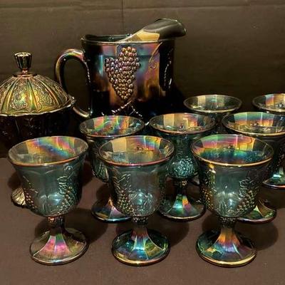 Fenton Carnival Glass Compote with Indiana Glass Harvest Grape Pitcher & Goblets