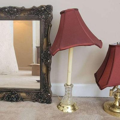 Ornate Framed Mirror with Pair of Brass & Glass Table Lamps