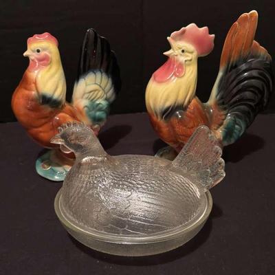 Indiana Glass Hen on Nest Candy Dish & Royal Copley Roosters