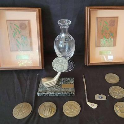 Golf Memorabilia Collection with Awards, Medallions & Crystal Trophy