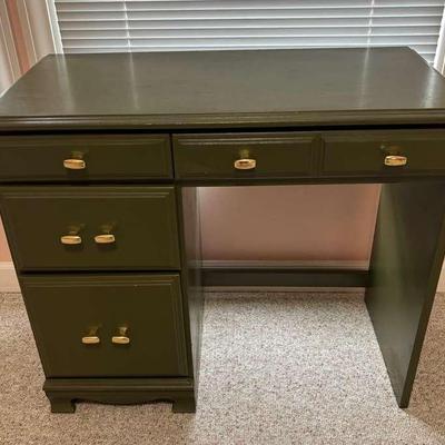Olive Wooden Desk with Drawers and Brass Pulls