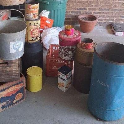 Collection of Antique Metal Bins, Tins & Wooden Crates