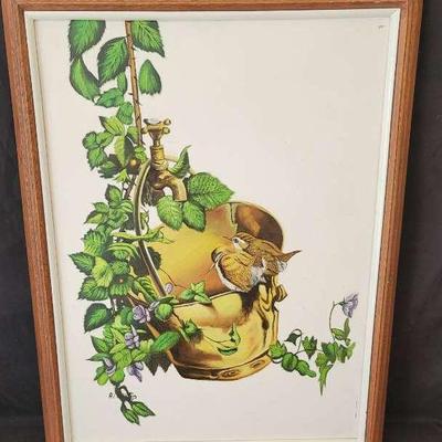 Vintage N. Cunan Signed Oil Painting of Birds in Wooden Frame