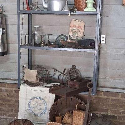 Vintage Farmhouse Collection Featuring Enamelware, Baskets, Milk Glass & Tools