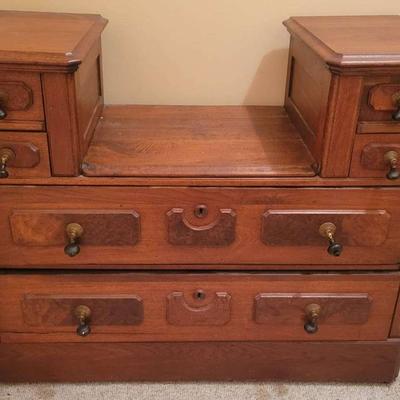 Antique Wooden Dresser with Six Drawers and Unique Lift Handles