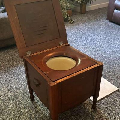 Antique Wooden Commode Cabinet with Marble Insert & Metal Chamber Pot