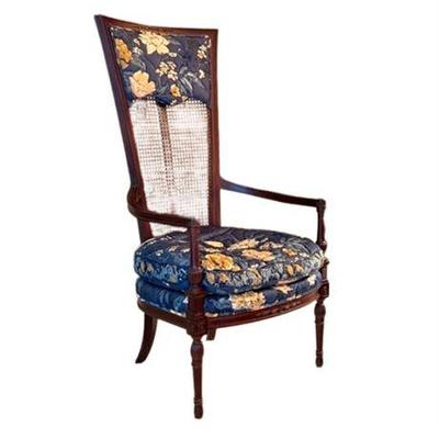 Lot 073   
Vintage Tall Back Throne Caned Arm Chair