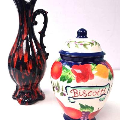 "Nonni's" Biscotti Jar and a Drip Glaze Pitcher