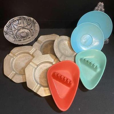 MCM Anholt Ashtrays, Aluminum & Crystal With Plastic Saucers From Sun Valley