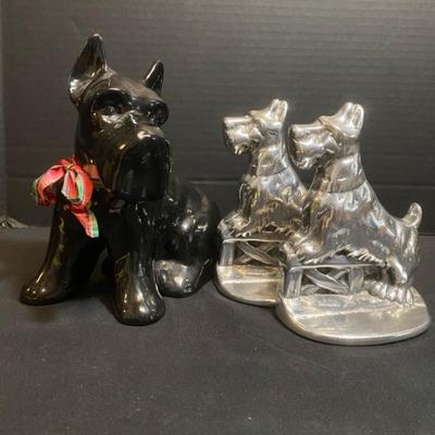 Signed Hoselton Scottie Dog Bookends & Black Ceramic Scottie Dog 
